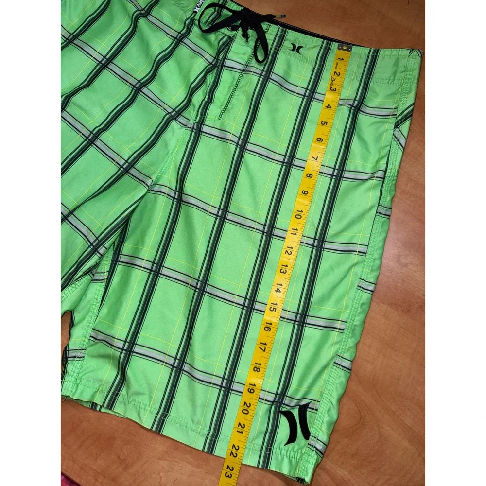 Hurley Mens Board Shorts Lime Green Plaid Swim Trunks Cargo Pocket Size 36